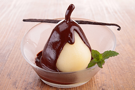 poached pear with chocolate