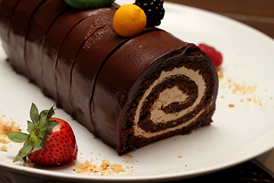 Chocolate roll cake with strawberries